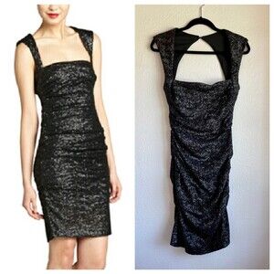 Nicole Miller Matte Black Sequin Ruched Sheath Dress with Cutout Back Size 8